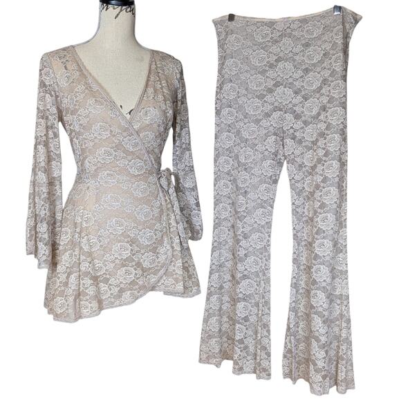 Vintage Other - 70s Vintage Lace Sheer Pajamas Pants and Peplum Top Beige Size Small